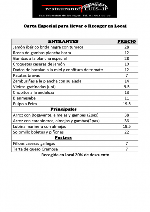 CARTA DE PEDIDOS PARA SERVIR A DOMICILIO Y PARA RECOGER EN LOCAL
